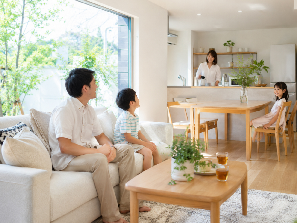 夏の明るいLDKでくつろぐ家族